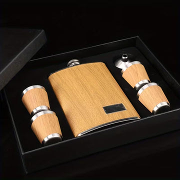 Metal Flask Set with Wood Finish